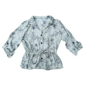 Sweet Rain XL mint aqua blouse tie waist button up collared top office floral